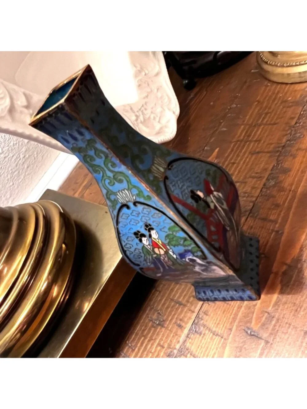 Antique Mini  Chinese Cloisonné Vase With Hand-Painted Scenic Motifs & Blue Enam